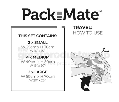 Packmate 8pc Travel Roll Storage Bag Set (2 Small, 4 Medium, 2 Large) - BEST SELLER